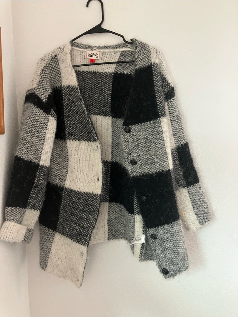 Woolrich Fuzzy Black & Cream Plaid Button Cardigan Size S